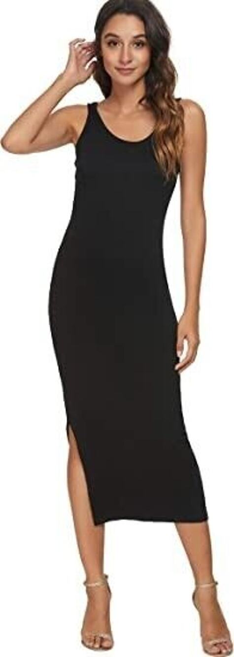 CMZ2005 Tank Midi Dress Women 4-6 Black Scoop Neck Sleeveless Side Split Stretch